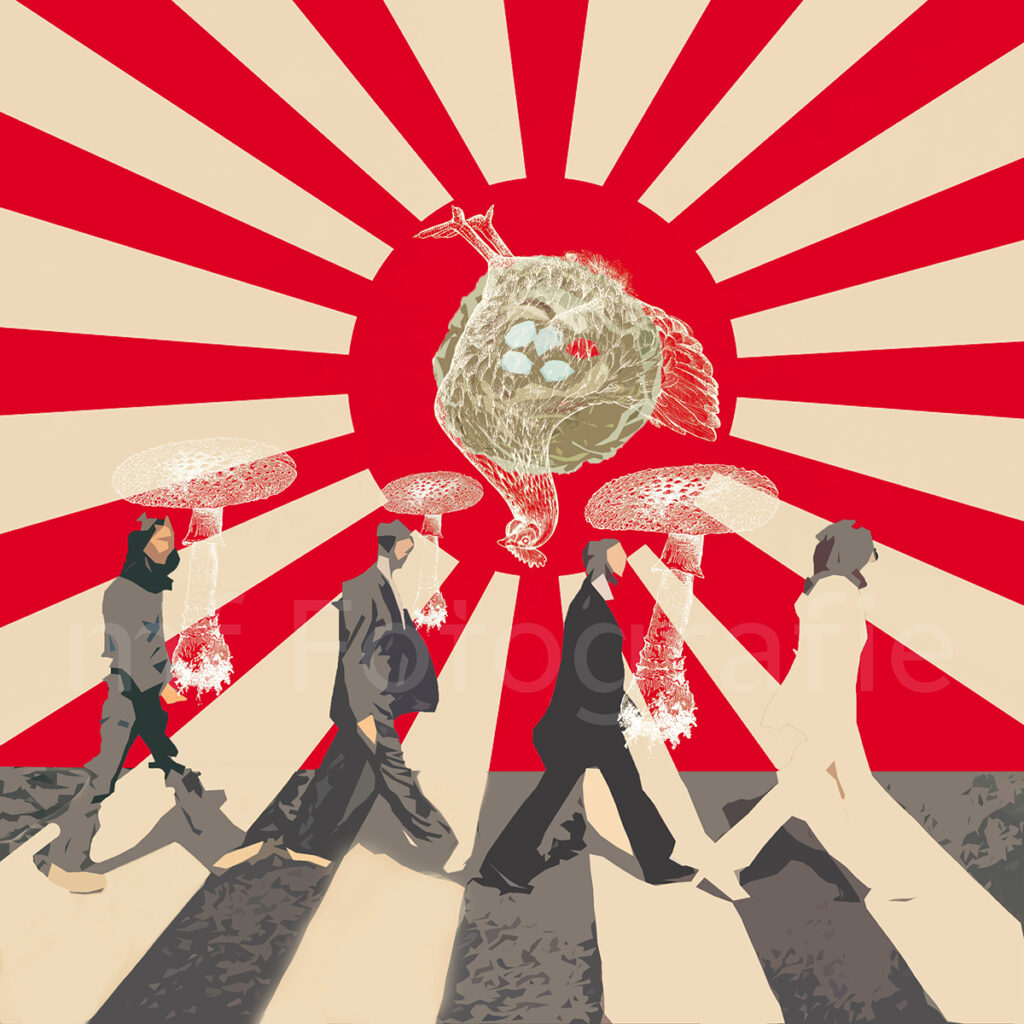 How the Song looks like, visualisierte Songs in einem Bild, I ME MINE von den Beatles zeigt die FabFour auf dem berühmten Zebrastreifen der in die japanische Kriegsflagge mündet