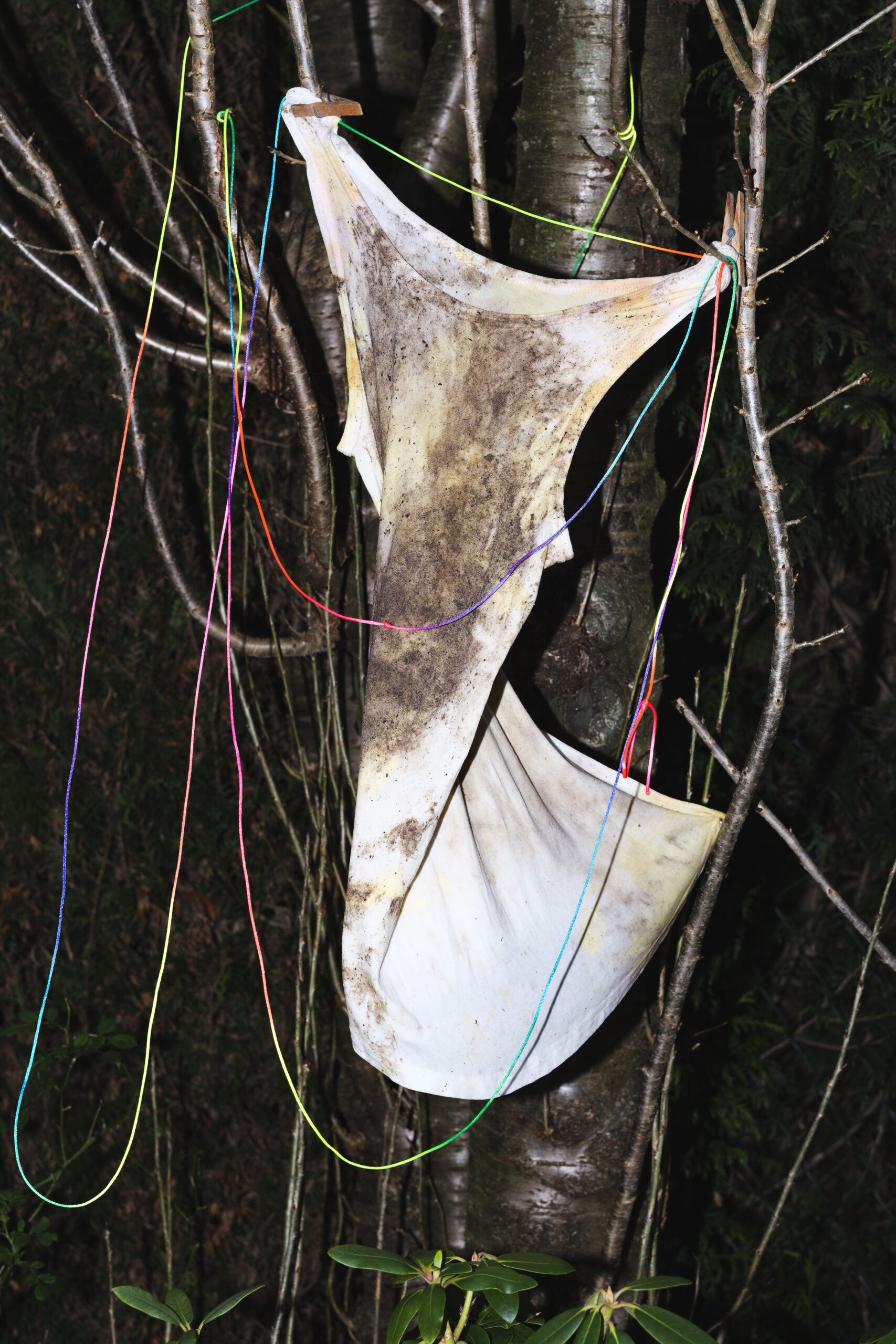 total verschmutztes Feinripp-Unterhemd, ursprünglich weiß, jetzt von Schmutz überzogen windet sich in einem Baum, aufgehängt mit Wäscheklammern an regenbogenbunte Fäden, hart angeblitzt, Trash-Fotografie