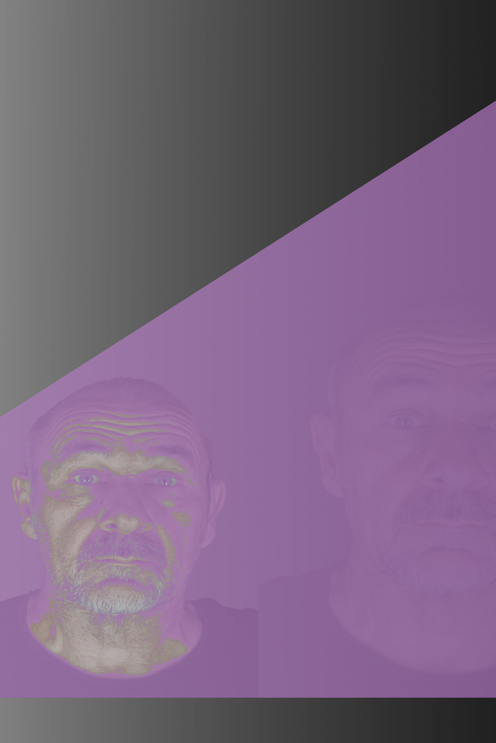 zweimal ein Kopfportrait desselben Mannes, kleiner und klarer und daneben größer und mit mehr Transparenz, lila Hintergrund, oben links großes schwarzes Dreieck