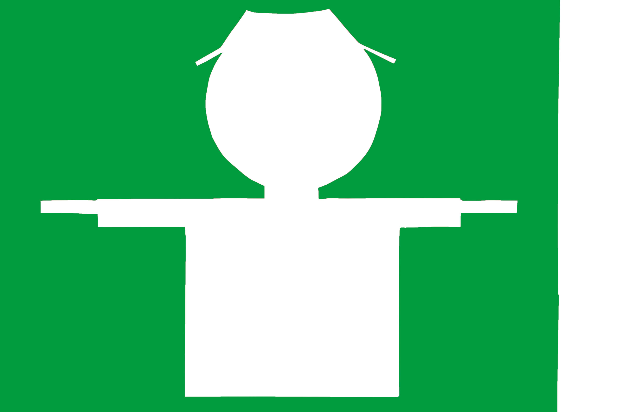 Jein Weißer Scherenschnitt eines Ampelmännchens mit seitlich ausgebreiteten Armen vor grünem Hintergrund