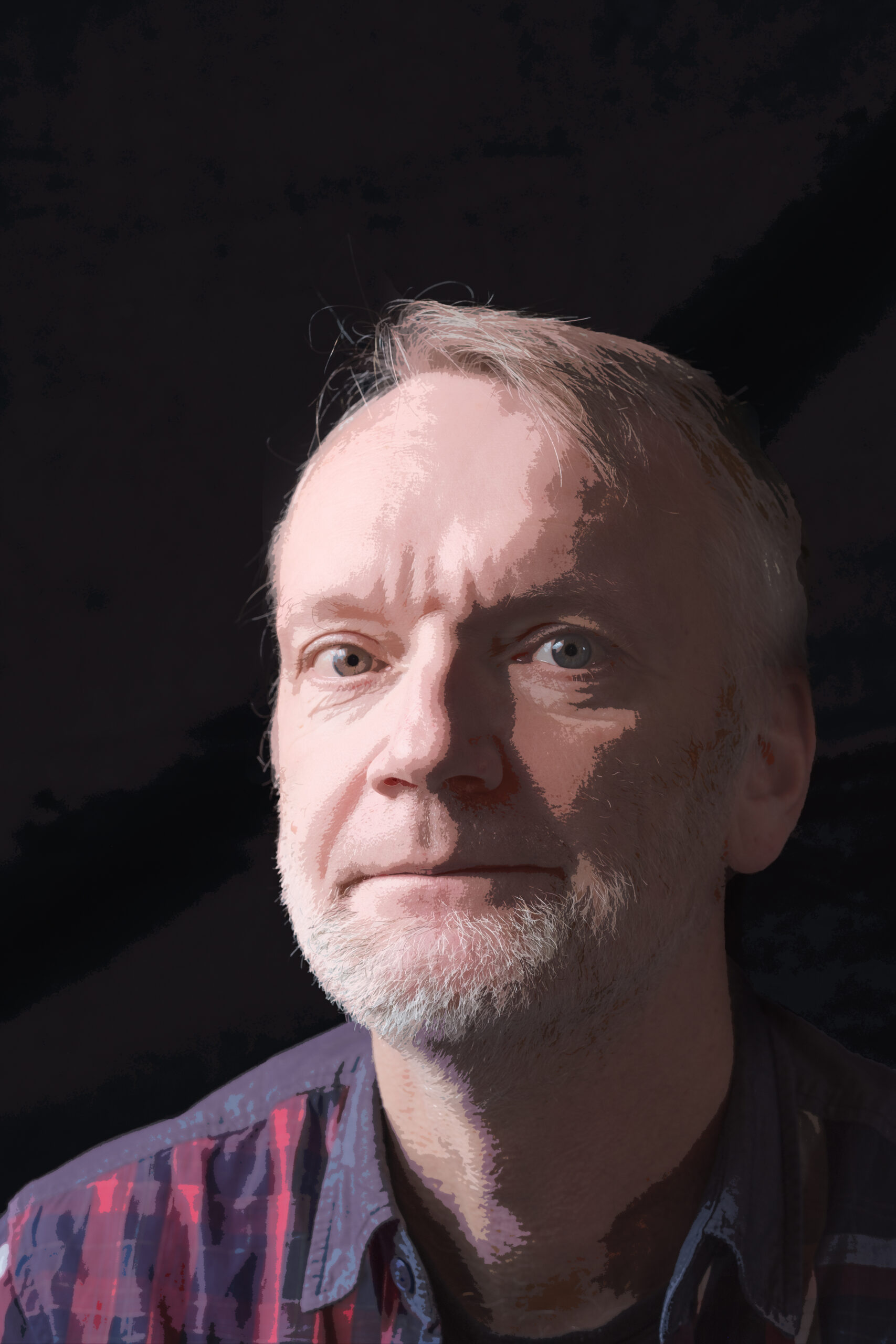 Verwandlung Kopfportrait eines Mannes mit direktem Blick in die Kamera, Teile des Gesichts sind comicartig bearbeitet