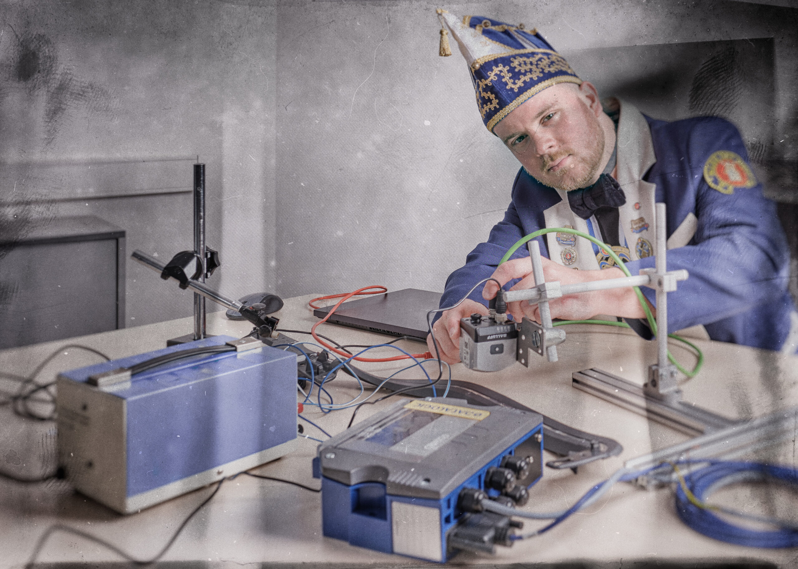 Work-Life-Balance Part Two Mann mit Narrenkappe sitzt am Schreibtisch und arbeitet an elektrotechnischem Gerät